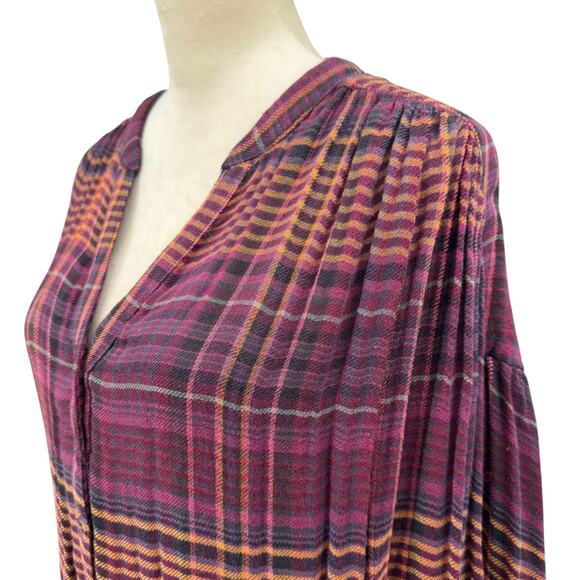 Free People Come On Over Maroon Wine Plaid Flannel Oversized Long Sleeve Shirt - Picture 7 of 14